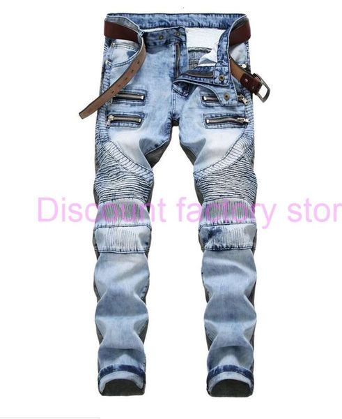 

winter men's creases straight jeans fashion designer 2 colors stitch jeans causal denim zip creases style jeans tx222, Blue