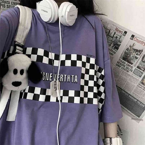 Plaid giapponese plus size hip-hop sciolto femminile scuro Ulzzang top casual Harajuku gotico punk Vintage divertente T-shirt a maniche corte 210623