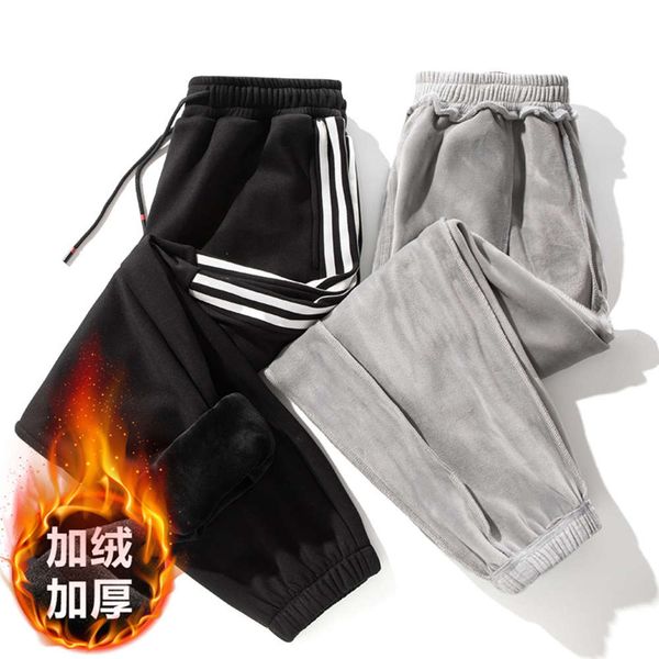 

sportswear men's trousers winter thickened casual loose knitted plush youth three bar striped running pants, Black