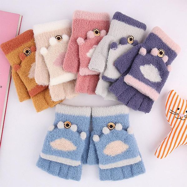 

five fingers gloves 2021 flip for women kawaii cute bear claw knitted winter keep warm cashmere thick mittens luva inverno, Blue;gray