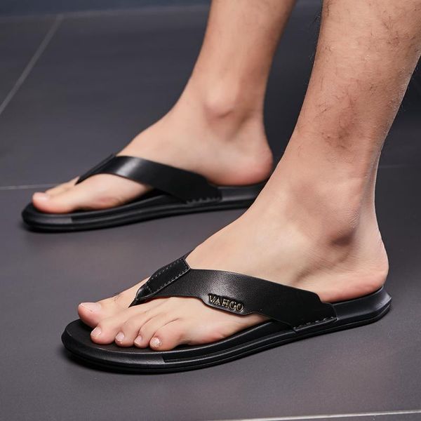 

slippers flip-flops men's summer outdoor wear beach non-slip deodorant clip feet indoor wear-resistant leather trend black