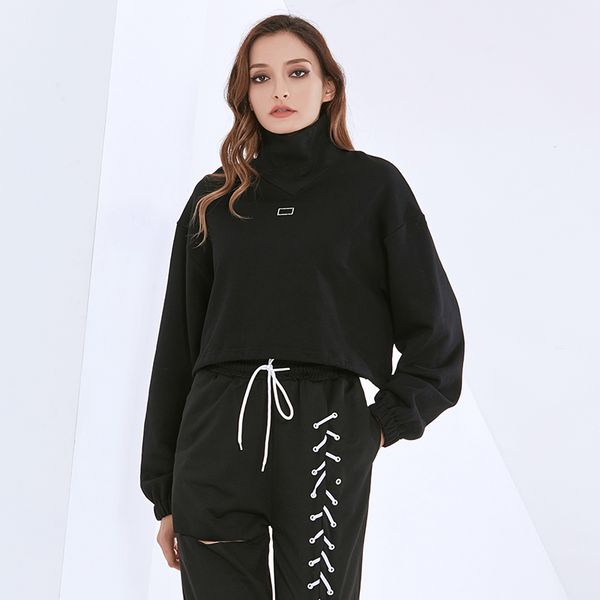 

black patchwork short sweatshirt for women turtleneck long sleeve casual basic sweatshirts female 2021 autumn new