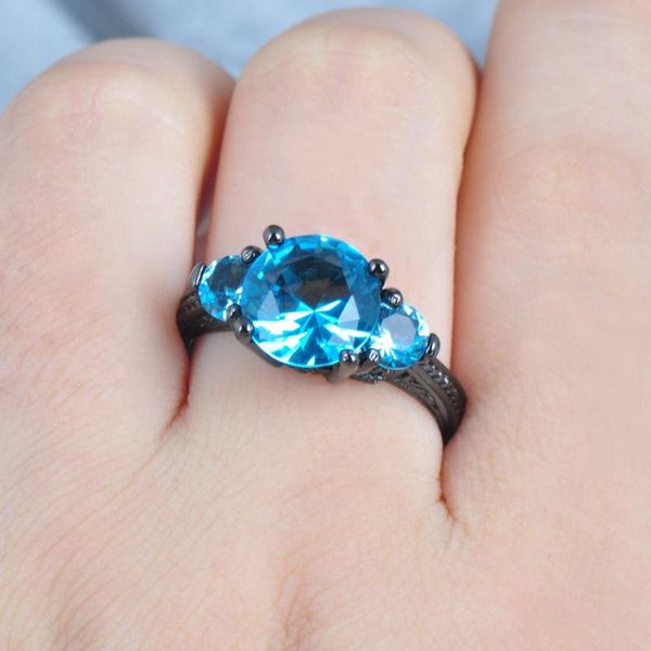 

wedding rings charm female aqua blue crystal stone jewelry classic 14kt black gold for women dainty bride round engagement ring, Slivery;golden
