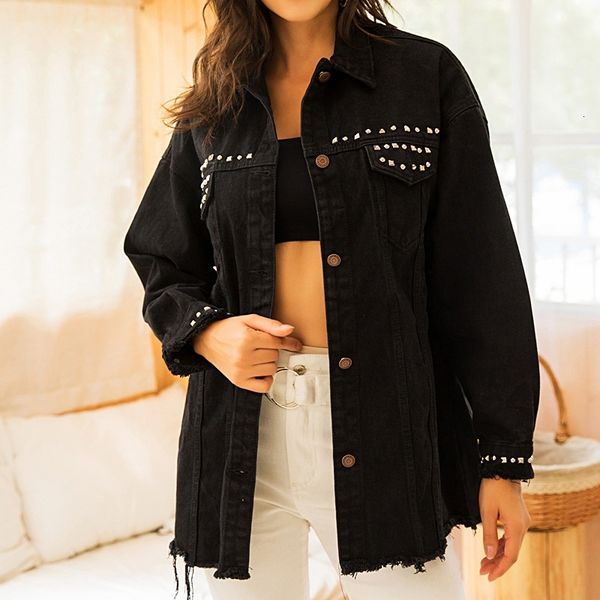 

2021 new tassel jackets women beading street style long sleeve fashion jean jacket loose casual spring autumn denim coats 9bmr, Black;brown