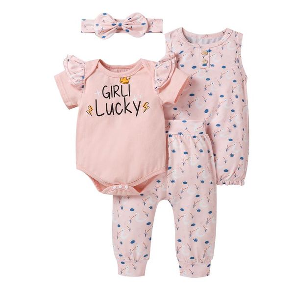 

clothing sets infant baby boy girl pants outfit two bodysuit romper set with hat headband 4pcs summer clothes, White