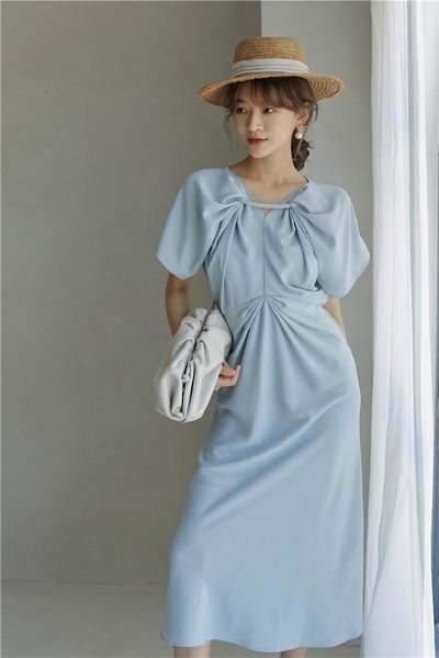 

2021 new nordic blue long midi ruched v neck straight ladies modest designer women casual european clothing 0ga3, Black;gray