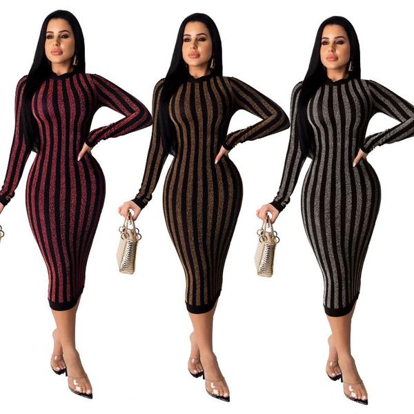 

striped bodycon midi dress 2021 long sleeve zipper tight fitted dresses woman party night club outfits rh772, Black;gray