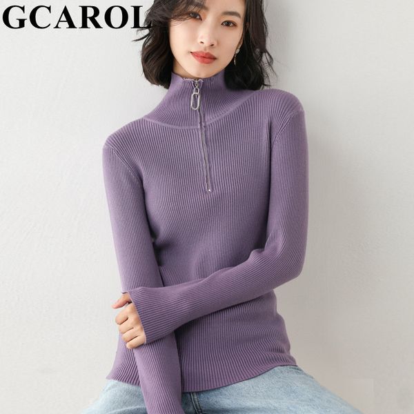 GCAROL Herbst-Winter-Rollkragenpullover mit Reißverschluss, schmaler Pullover, 30 % Wolle, dehnbar, eng am Körper anliegend, minimalistischer Strickpullover, Tops für verschiedene Anlässe 210218