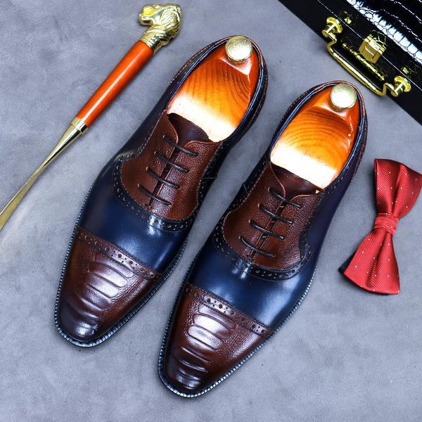 

dress shoes 2021 spring/winter pointed brogue leather men wedding party cowhide color matching embossed business oxfords, Black