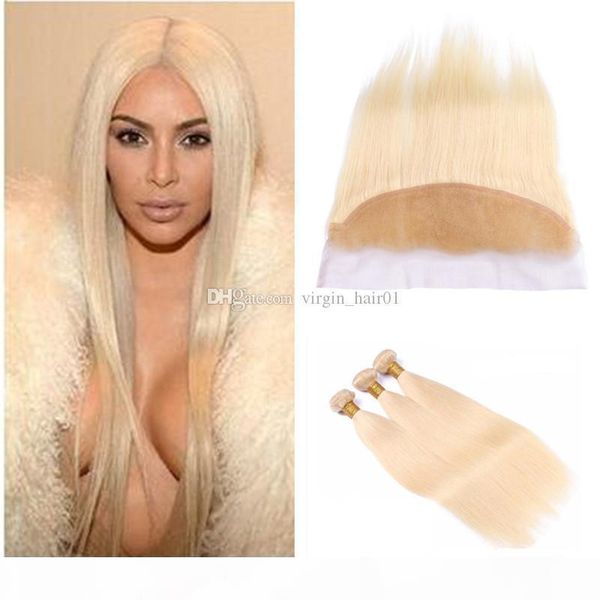 

613 blonde human hair bundles with frontal lace closure straight bleach blonde brazilian hair bundles deals with 13x4 ear to ear frontal, Black;brown