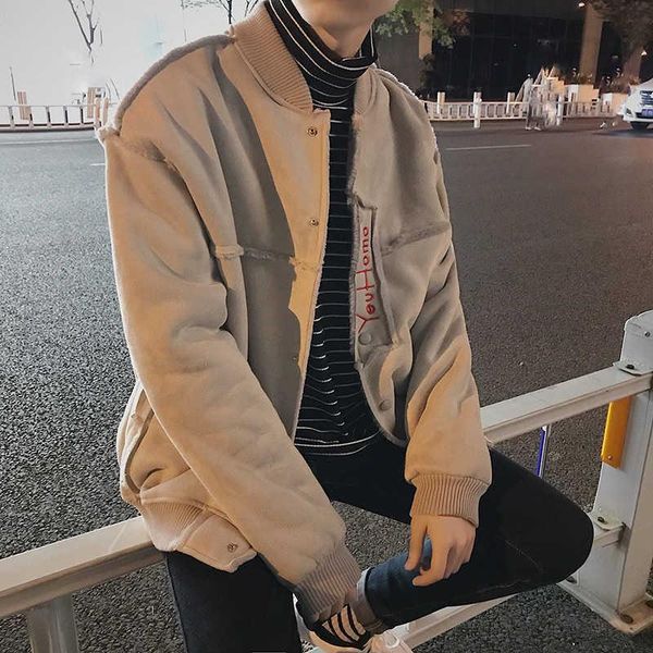 

autumn and winter new embroidery solid color lamb fur suede compound jacket cotton jacket men's thick gray black s