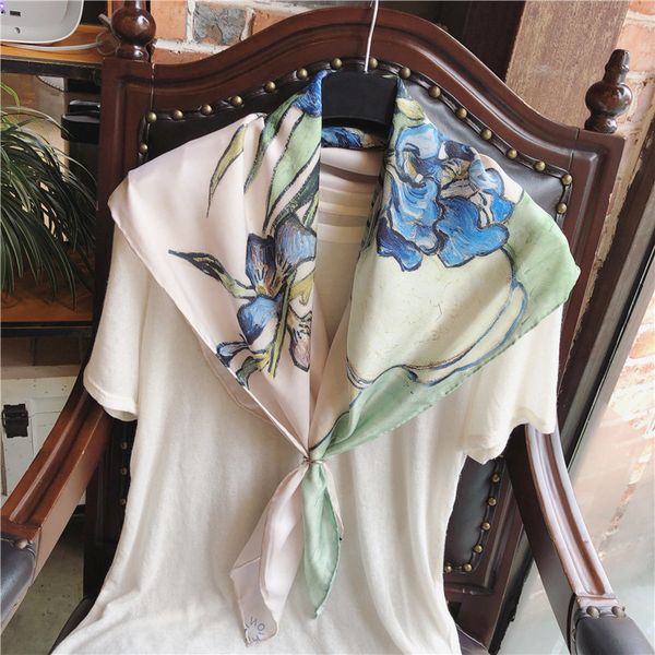 

oil painting series 90 square scarf world famous flower printing silk twill shawl, Blue;gray