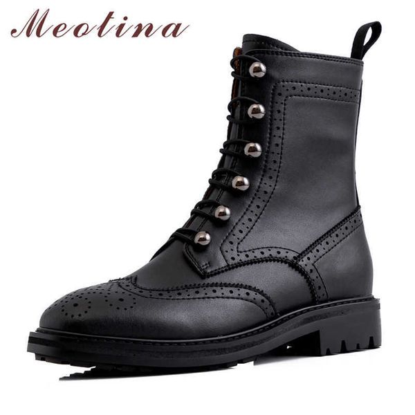 

meotina winter ankle boots women natural genuine leather block heels short boots lace up round toe shoes ladies fall size 34-39 210608, Black
