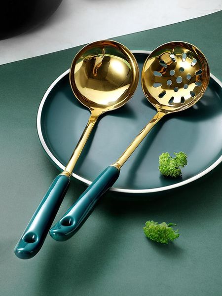 

spoons stainless steel colander spoon large household soup emerald long handle ceramic porridge set serving