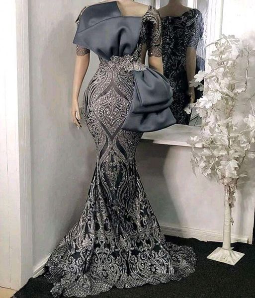 Elegante Grau 2021 Meerjungfrau Abendkleider Pailletten applique Lange Formale Prom Kleider Nigerian Frau robe de soiree