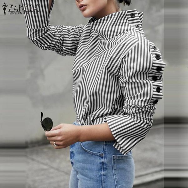 

women's blouses & shirts zanzea blouse 2021 spring autumn asymmetrical button striped casual long sleeve stand collar oversize blusa f, White