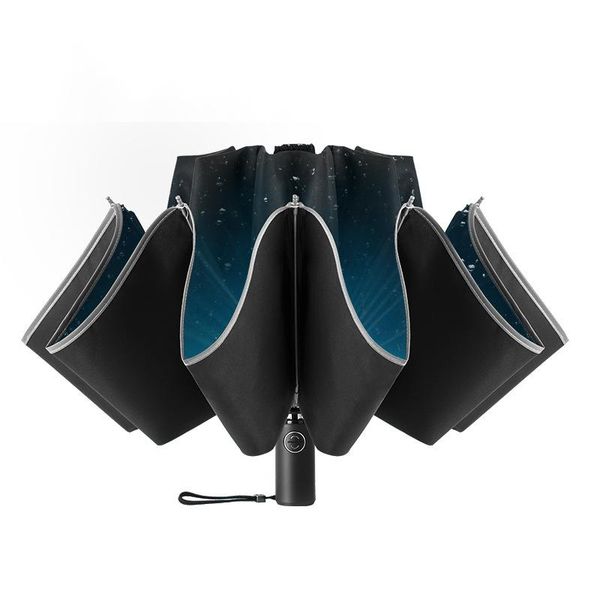 

umbrellas automatic reverse umbrella for car 10 bones 3-folding with luminous reflective strip drip-proof rain women