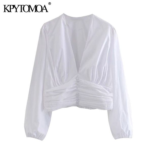 

kpytomoa women fashion decorative buttons pleated cropped blouses vintage long sleeve side zipper female shirts chic 210225, White