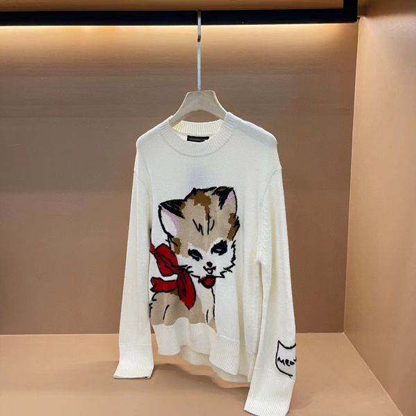 

2022 autumn/winter woolen sweater new round neck stereo embroidery cat knit sweaters loose wool sweater, White;black