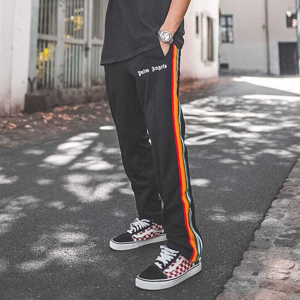 

palm meri 20s side rainbow stripe casual men's and women's loose sports straight pants, Black