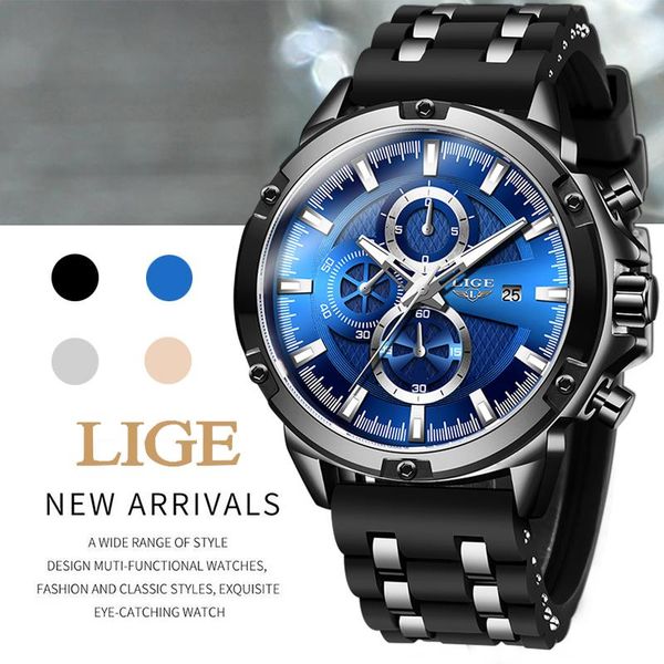 

wristwatches lige men watch fashion chronograph military sport waterproof clock silicagel wristwatch relogio masculino, Slivery;brown