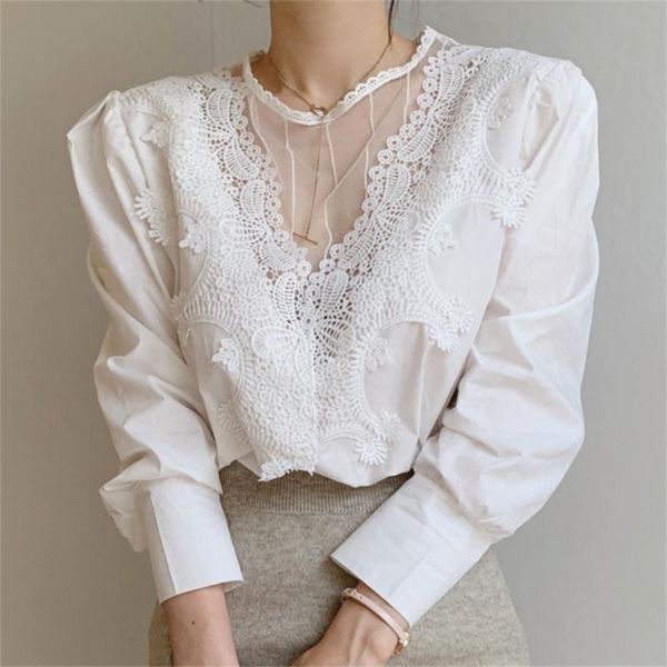 

women's blouses & shirts alien kitty o-neck hook flowers gentle loose puff sleeves women 2021 chic casual ol office lady fashion autumn, White