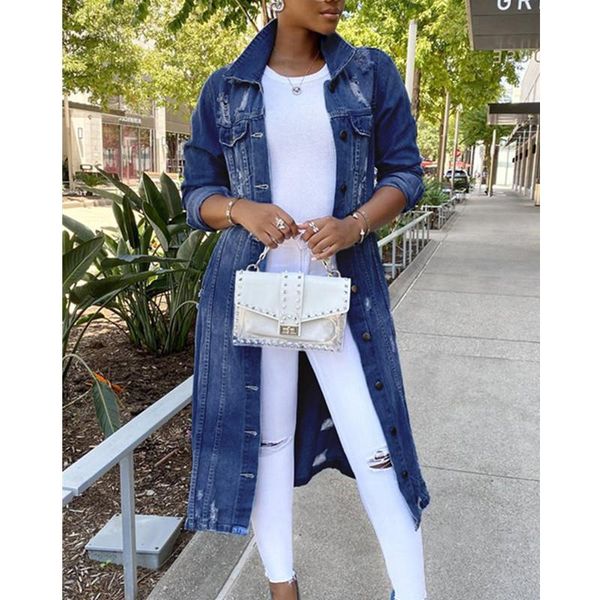 

women's jackets autumn women ripped denim 2021 vintage casual long jean jacket winter female sleeve coat streetwear plus size, Black;brown