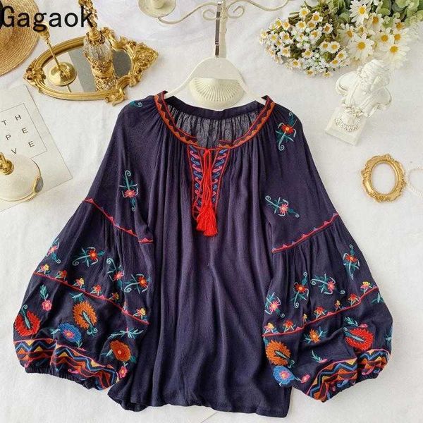 

women indie folk blouse spring autumn v-neck lantern sleeve embroidery floral slim wiold retro female fashion shirts 210531, White