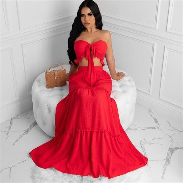 

matching sets two womens tracksuits piece dress strapless cami amp high waist maxi solid chic holiday beach outfits, Gray
