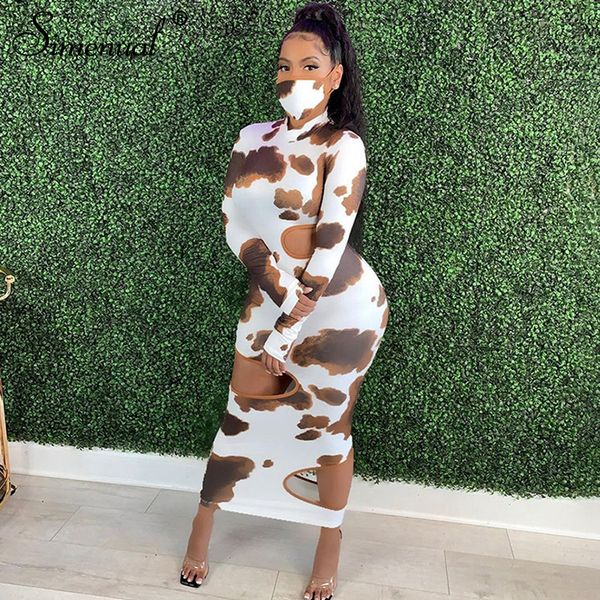 

long sleeve cut out cow print midi dresses women fashion club partywear skinny hollow out bodycon dress autumn, White;black