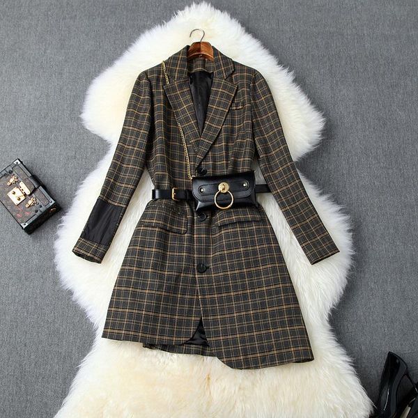 

new trendy women suit jacket plaid retro style office lady irregular coat fall fashion girls long three buttons mujer chaqueta, Black;brown