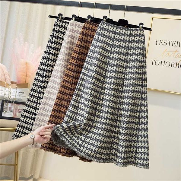 

autumn winter tassel houndstooth knitted skirt female loose a-line swing midi fashion korean style high waist woman s 211124, Black