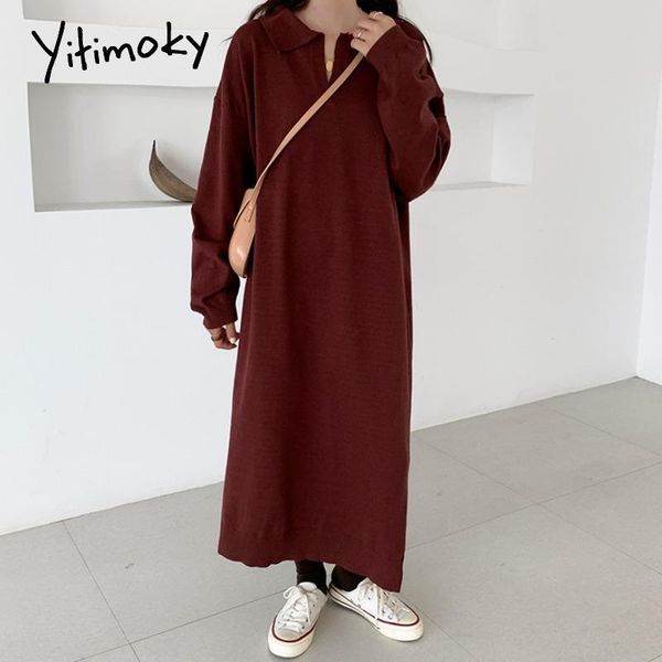 

casual dresses yitimoky long dress for women fall winter 2021 sleeve turn-down collar korean fashion loose side slit midi brown, Black;gray