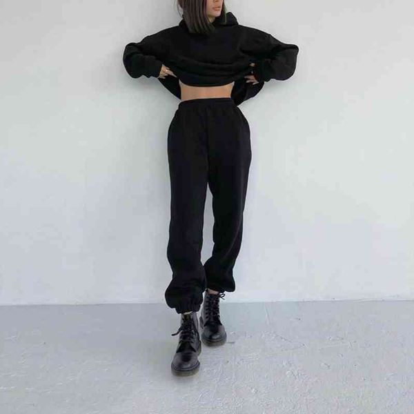 

solid casual tracksuit women sports 2 pieces sets sweatshirts pullover hoodies pants suit sweatpants trousers outfits sets, White
