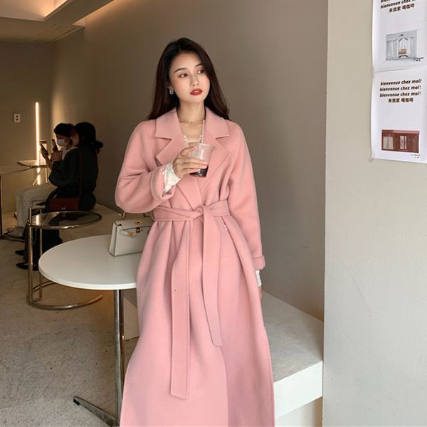 

2021 new women elegant solid long wool coat with belt ai7y, Black