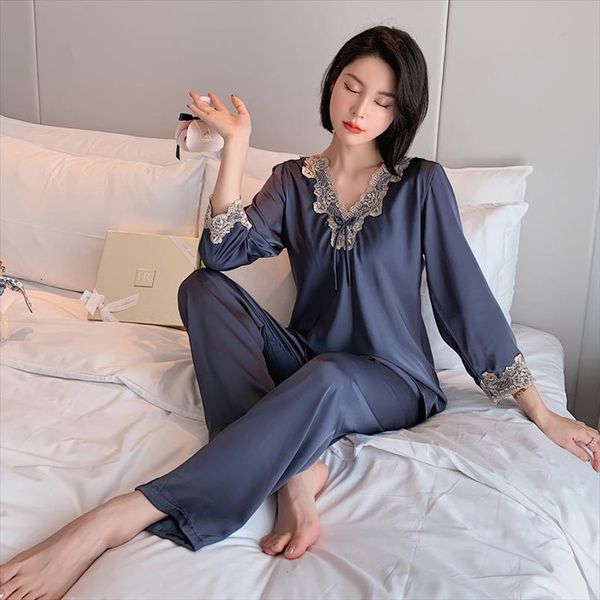 

elegant pajamas set silk women sleepwear long sleeve pijamas casual lace trimmed pyjamas mujer pj homewear, Black;red