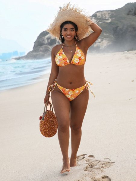 

plus floral triangle tie side bikini swimsuit 65kr#, Black
