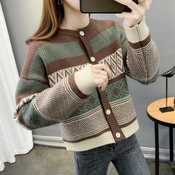 

women's knits & tees striped jacquard knitted cardigan autumn/winter 2021 korean round neck long-sleeved western-style outer sweater, White