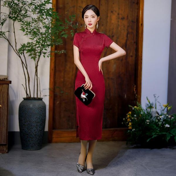 

ethnic clothing flower sheath cheongsam female mandarin collar chinese style party dress gown satin long qipao burgundy vintage button vesti, Red
