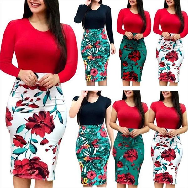 

4xl 5xl plus size empire womens dress autumn slim package hips mini dresses casual long sleeve patchwork floral print, Black;gray