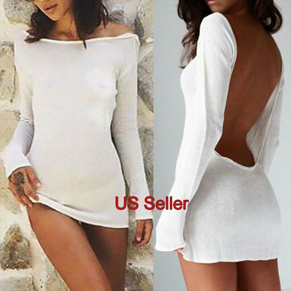 

braces solid white women dress long sleeve open back backless mini body sheer transparent, Black;gray