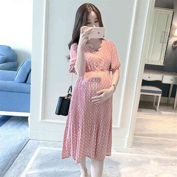 

chiffon dresses maternity clothing for pregnant women short sleeve v-neck dot vestidos pregnancy dress summer 210721, White