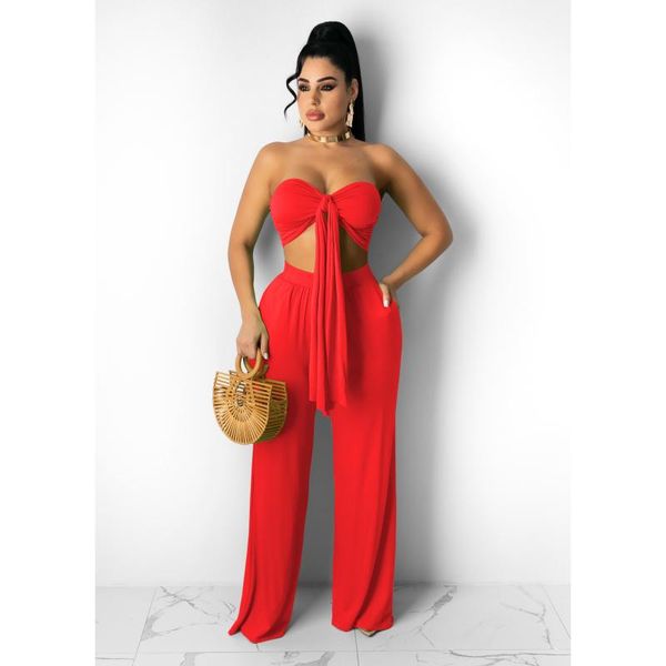 

women's two piece pants women bow tie crop + loose set solid pieces high waist 2 summer wied leg matching outfit, White
