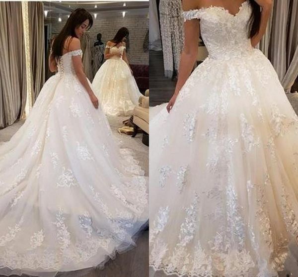 

gorgeous lace applique wedding dresses bridal gown elegant off the shoulder sweep train straps custom made plus size chapel vestidos de novi, White