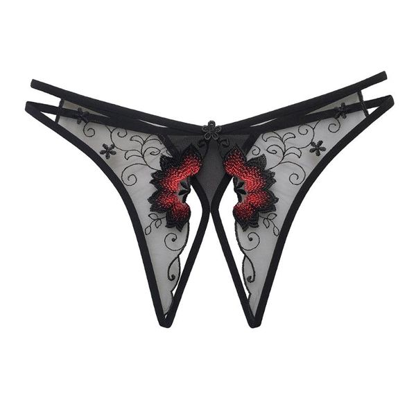 

women's panties taste temptation women g-string transparent mesh embroidery thong open file waist t pants, Black;pink