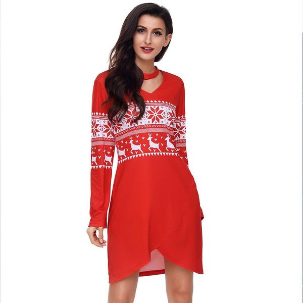 

casual dresses elk christmas long sleeve dress for women v collar ladies mini red white asymmetric female spring fall p30, Black;gray