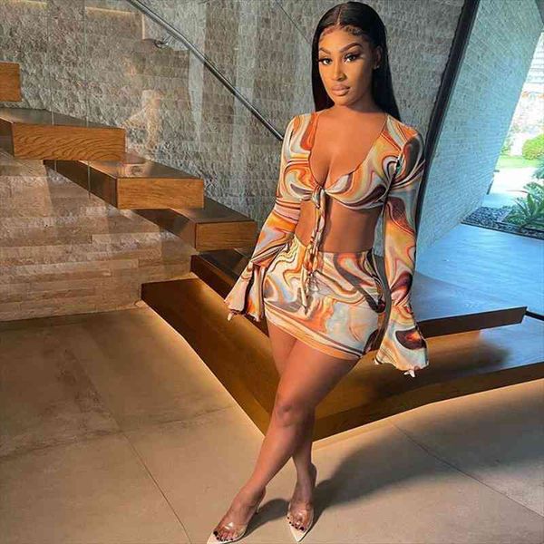 

flare sleeve wrapped bandage crop skirt 2 piece set summer women streetwear print buttocks skirt casual suit, Gray