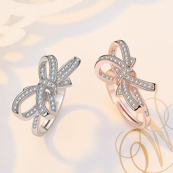 

wedding rings s925 sterling silver korean style bowknot opening for women valentine's day gifts trendy elegant crystal jewelry, Slivery;golden