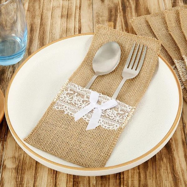 

storage bags 20pcs linen lace bowknot home knife spoon holder pouch bag kitchen party decor