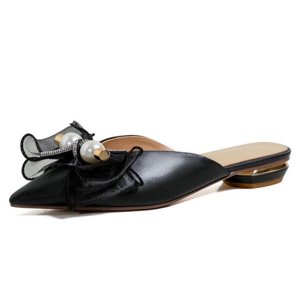 

summer women slippers genuine leather bowties poined toes sandals 2021 slip-on square low heels elegant party shoes woman, Black